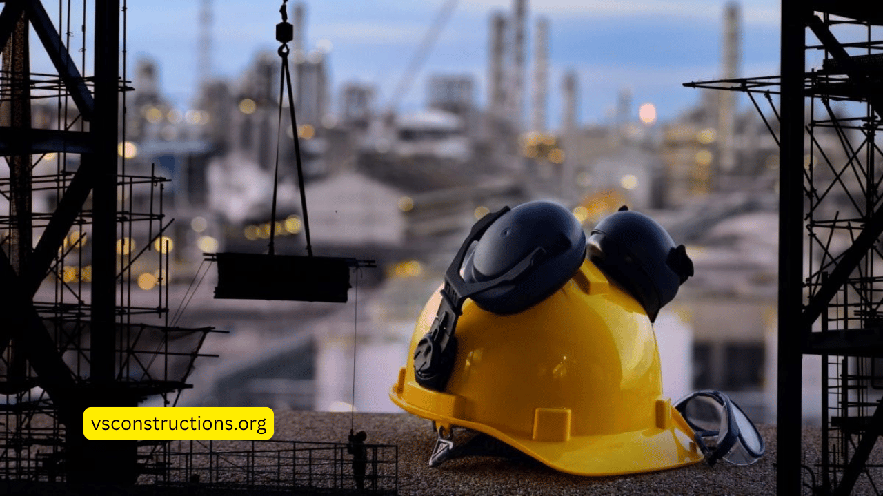 Construction site workers following health and safety management principles with proper safety equipment.