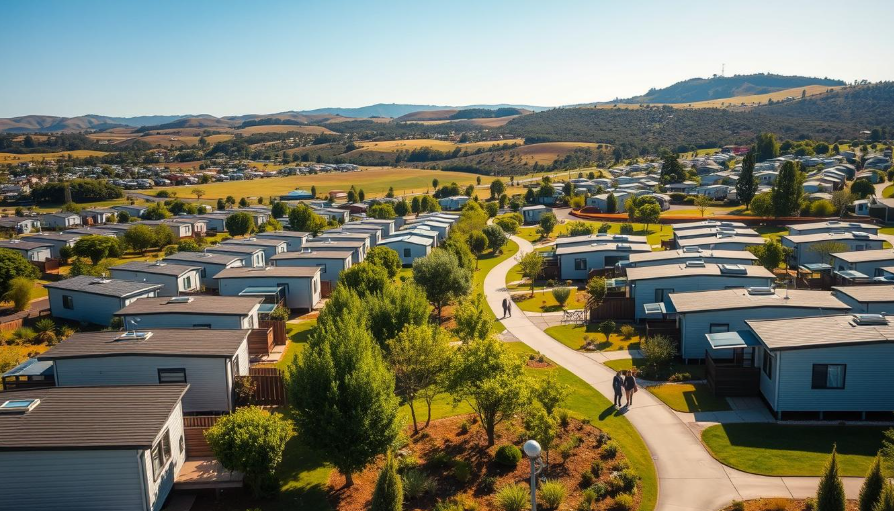 Modern manufactured home with a small porch and garden, showcasing affordable housing.