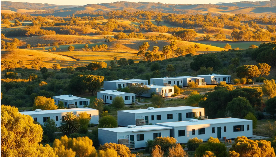 Aerial view of modern manufactured homes in Australia with clear skies and greenery.