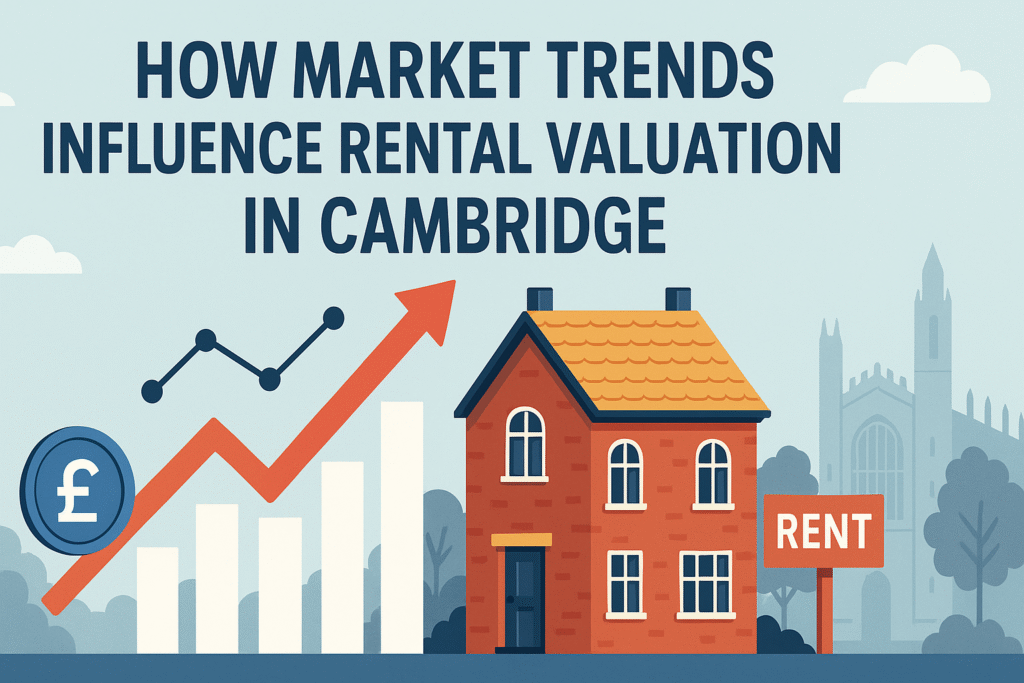 Illustration of rental valuation trends in Cambridge with graph, pound symbol, and house, representing how market trends influence property rental prices.
