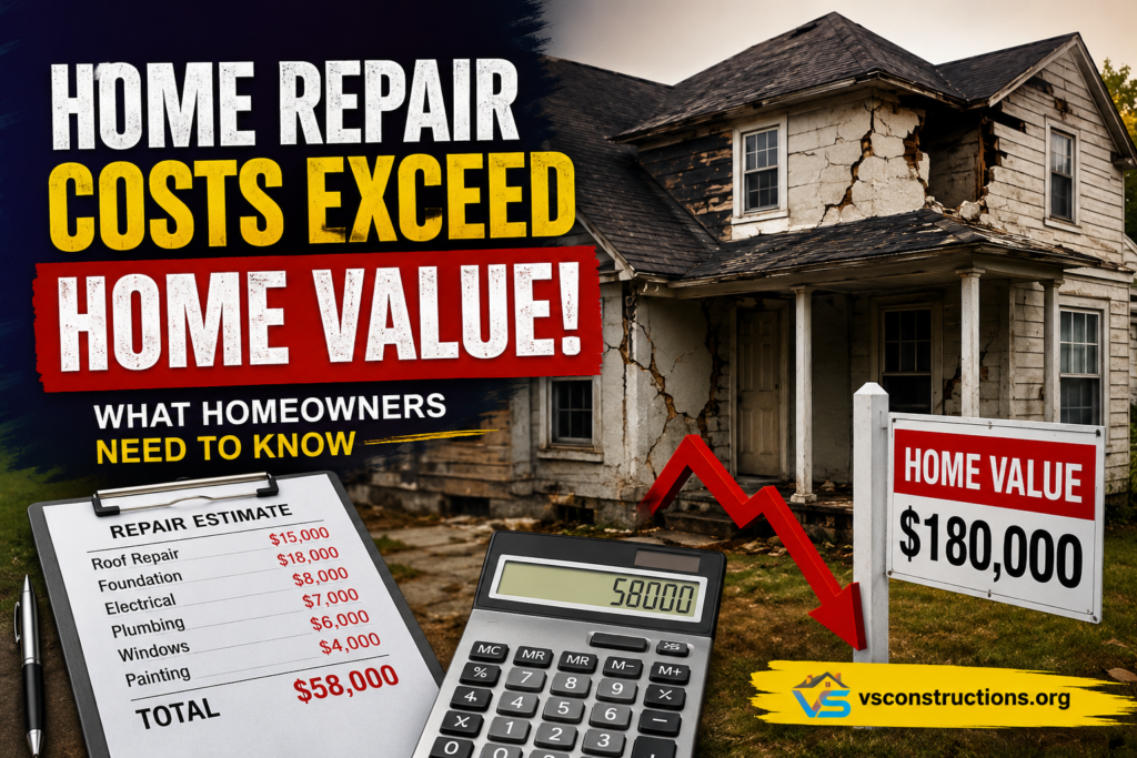 Home repair costs exceeding home value with a damaged house, repair estimate, calculator, and VS Constructions branding.