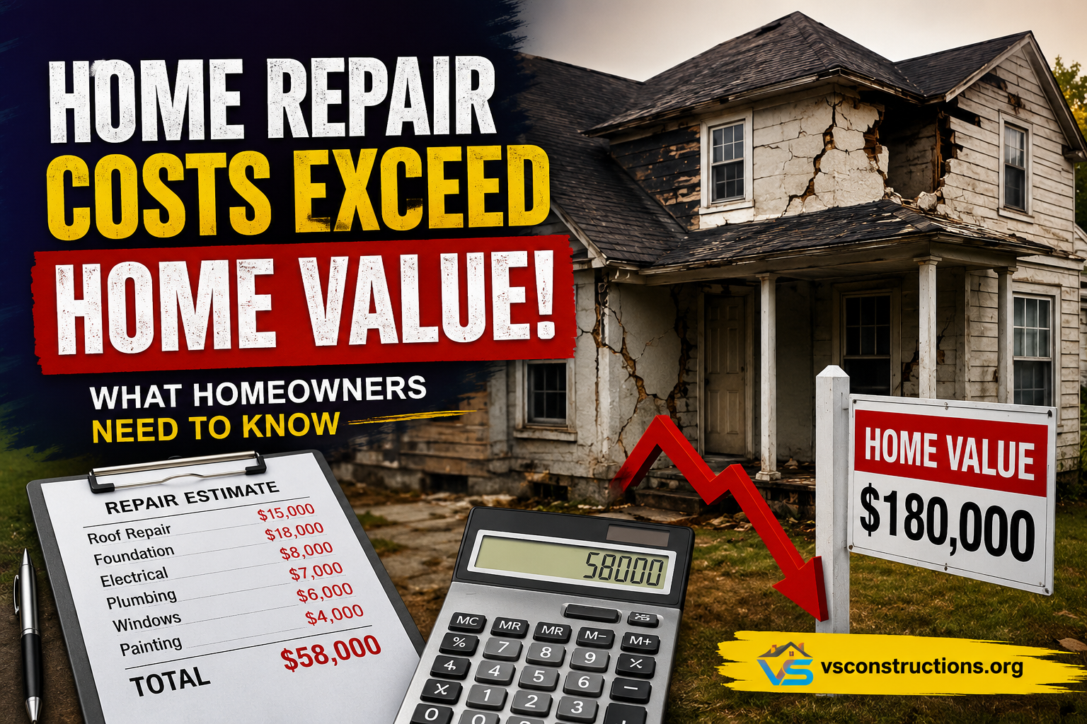 Home repair costs exceeding home value with a damaged house, repair estimate, calculator, and VS Constructions branding.